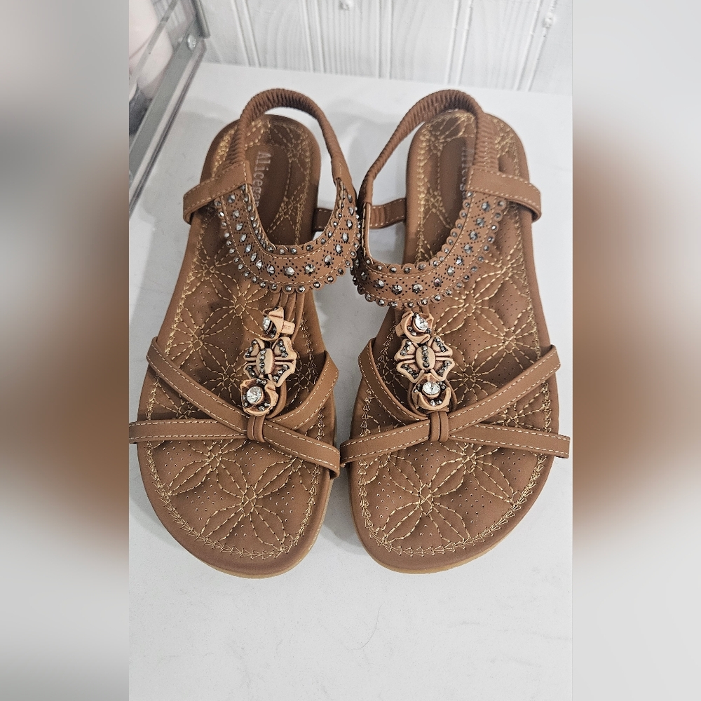 Women's Brown Embellished T-Strap Sandals